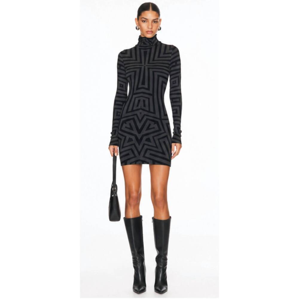 NEW GARETH PUGH geometric mock neck bodycon dress in grey black